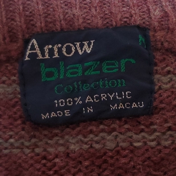 VINTAGE 70s Arrow Blazer Collection Knitwear Maroon Grey Striped Sweater Medium - Picture 10 of 10